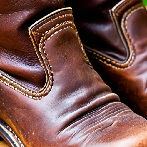 Home 14 **A close-up shot showcasing the texture and patina of a well-worn pair of full-grain leather children's boots. Focus on the subtle variations in color and the natural grain of the leather, emphasizing its durability and high quality. The boots are slightly scuffed, suggesting they've been on many adventures.**