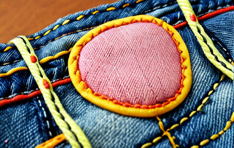 **
A close-up shot of a child's jeans knee. The denim is slightly faded but reinforced with a patch featuring colorful, playful stitching. The stitching is clearly visible and highlights the durability. Focus should be on the tactile quality of the fabric and the detail of the repair.
**