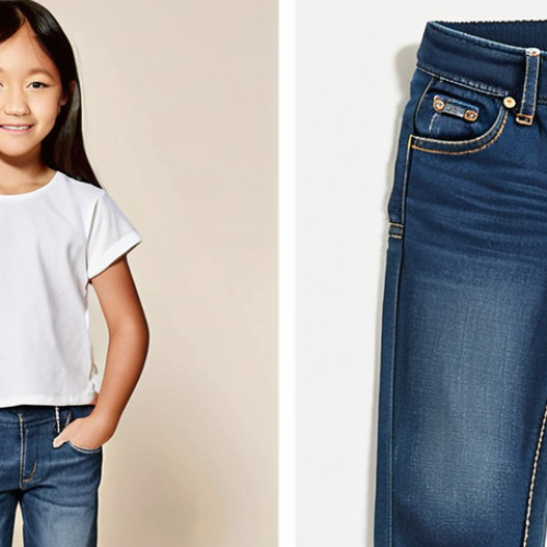 Home 6 **
A split image showcasing the fabric differences between Beanpole Kids and Zara Kids. On the left, a close-up of a Beanpole Kids organic cotton t-shirt, emphasizing its softness and natural texture. On the right, a close-up of Zara Kids denim jeans, highlighting the sturdy twill weave and durable appearance. The background should be a brightly lit, modern children's clothing store.
**