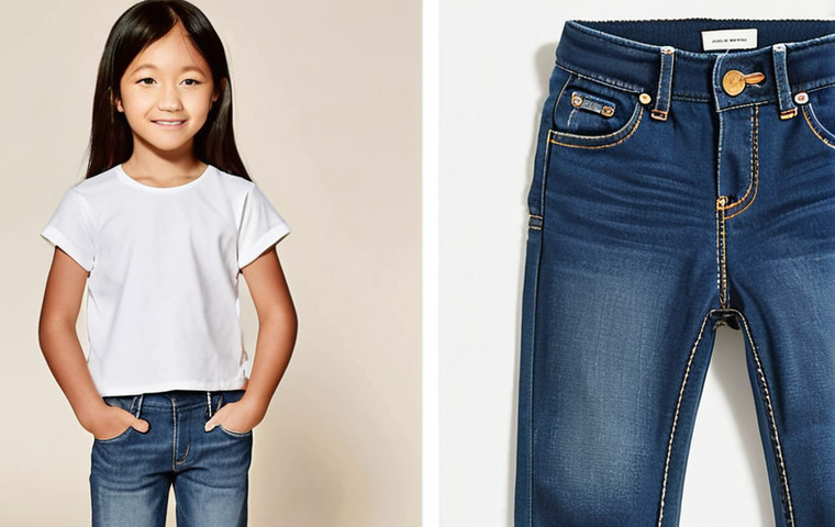 **
A split image showcasing the fabric differences between Beanpole Kids and Zara Kids. On the left, a close-up of a Beanpole Kids organic cotton t-shirt, emphasizing its softness and natural texture. On the right, a close-up of Zara Kids denim jeans, highlighting the sturdy twill weave and durable appearance. The background should be a brightly lit, modern children's clothing store.
**