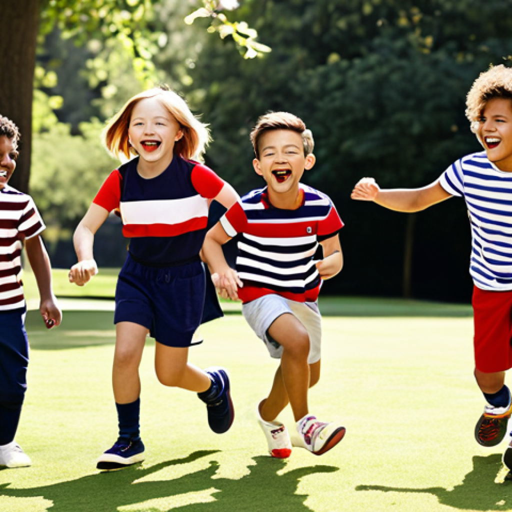 **
    A group of diverse children, aged 5-10, joyfully playing actively outdoors in a sunny park setting, showcasing the Tommy Hilfiger Kids collection. Emphasize durable, yet stylish playwear that allows for full freedom of movement. Include classic stripes, bold primary colors, and subtle integration of the iconic flag logo. The children are laughing and running, their clothes appearing resilient and comfortable, suggesting a seamless transition from vigorous play to casual elegance. Focus on dynamic poses and authentic childhood energy.

2.  **Prompt for