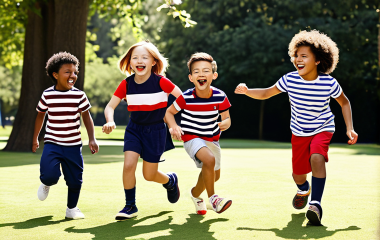 **
A group of diverse children, aged 5-10, joyfully playing actively outdoors in a sunny park setting, showcasing the Tommy Hilfiger Kids collection. Emphasize durable, yet stylish playwear that allows for full freedom of movement. Include classic stripes, bold primary colors, and subtle integration of the iconic flag logo. The children are laughing and running, their clothes appearing resilient and comfortable, suggesting a seamless transition from vigorous play to casual elegance. Focus on dynamic poses and authentic childhood energy.
2. **Prompt for