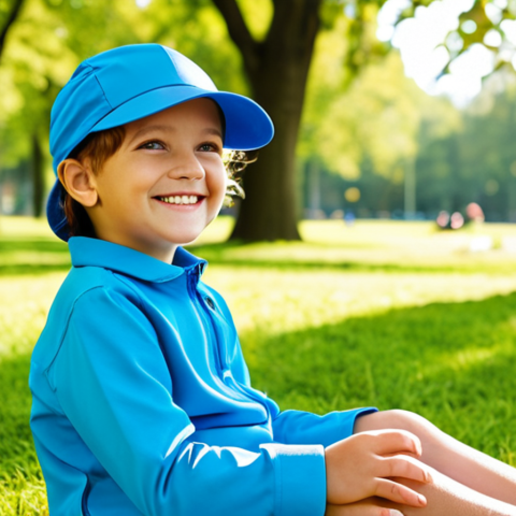A young child, approximately six years old, with a happy expression, wearing a modern, vibrant blue UPF 50+ sun protection cap made from innovative, breathable, quick-drying fabric. The child is fully clothed in modest, comfortable outdoor play clothes, sitting in a sunny, green park with soft natural light. The cap is well-fitted, providing excellent sun protection, with a wide, shape-retaining brim. The scene is bright and cheerful, showcasing professional photography with high resolution, perfect anatomy, correct proportions, well-formed hands, proper finger count, and natural body proportions, safe for work, appropriate content, fully clothed, family-friendly.
