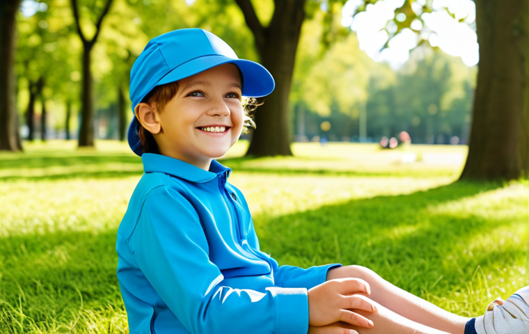 A young child, approximately six years old, with a happy expression, wearing a modern, vibrant blue UPF 50+ sun protection cap made from innovative, breathable, quick-drying fabric. The child is fully clothed in modest, comfortable outdoor play clothes, sitting in a sunny, green park with soft natural light. The cap is well-fitted, providing excellent sun protection, with a wide, shape-retaining brim. The scene is bright and cheerful, showcasing professional photography with high resolution, perfect anatomy, correct proportions, well-formed hands, proper finger count, and natural body proportions, safe for work, appropriate content, fully clothed, family-friendly.