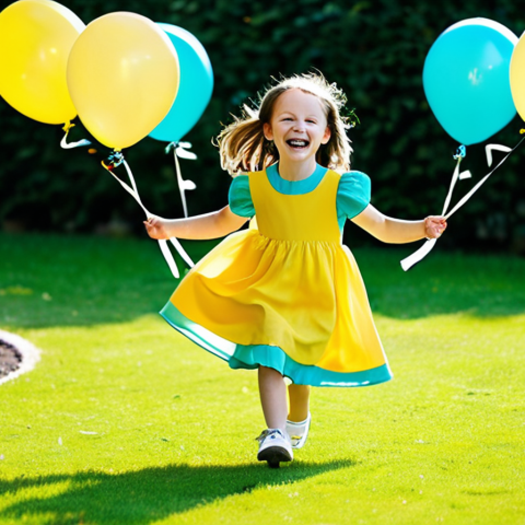 A joyful 7-year-old girl, fully clothed in a comfortable, bright yellow and teal party dress made from soft cotton blend fabric, effortlessly running and laughing in a vibrant, sunlit outdoor garden party. Balloons and gentle streamers are visible in the background. She wears appropriate, flexible shoes, allowing unrestricted movement. Safe for work, appropriate content, modest clothing, family-friendly, perfect anatomy, correct proportions, natural pose, well-formed hands, proper finger count, high-quality professional photography.