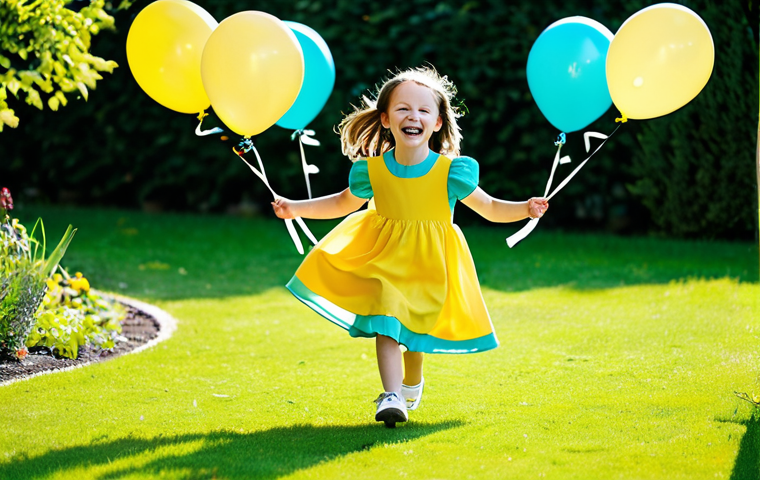 A joyful 7-year-old girl, fully clothed in a comfortable, bright yellow and teal party dress made from soft cotton blend fabric, effortlessly running and laughing in a vibrant, sunlit outdoor garden party. Balloons and gentle streamers are visible in the background. She wears appropriate, flexible shoes, allowing unrestricted movement. Safe for work, appropriate content, modest clothing, family-friendly, perfect anatomy, correct proportions, natural pose, well-formed hands, proper finger count, high-quality professional photography.