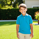 A joyful young child, fully clothed in a classic American preppy outfit featuring a crisp polo shirt and well-fitting chino pants, standing confidently in a sunlit, clean schoolyard. The attire is modest and appropriate, reflecting a timeless, polished look. The child has perfect anatomy, correct proportions, and a natural, cheerful pose. The image showcases well-formed hands and proper finger count, with natural body proportions. The background is bright and inviting, suggesting a pleasant, family-friendly environment.