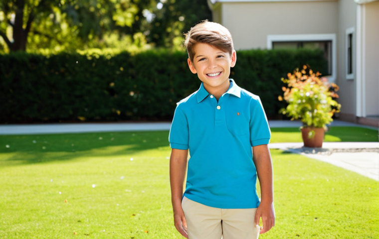 A joyful young child, fully clothed in a classic American preppy outfit featuring a crisp polo shirt and well-fitting chino pants, standing confidently in a sunlit, clean schoolyard. The attire is modest and appropriate, reflecting a timeless, polished look. The child has perfect anatomy, correct proportions, and a natural, cheerful pose. The image showcases well-formed hands and proper finger count, with natural body proportions. The background is bright and inviting, suggesting a pleasant, family-friendly environment.