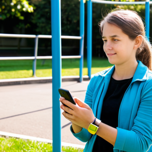 Home 25 A professional image of a kind-faced mother, fully clothed in modest, casual attire, standing in a sunlit suburban park. She holds her smartphone, her expression reflecting calm and reassurance as she observes her child. In the background, her young child, approximately 8-10 years old, is actively playing on a jungle gym, clearly visible and wearing a modern children's smartwatch on their wrist. The scene emphasizes parental peace of mind enabled by technology. Perfect anatomy, correct proportions, natural pose, well-formed hands, proper finger count, natural body proportions. High-quality professional photography, natural lighting. Safe for work, appropriate content, fully clothed, family-friendly.