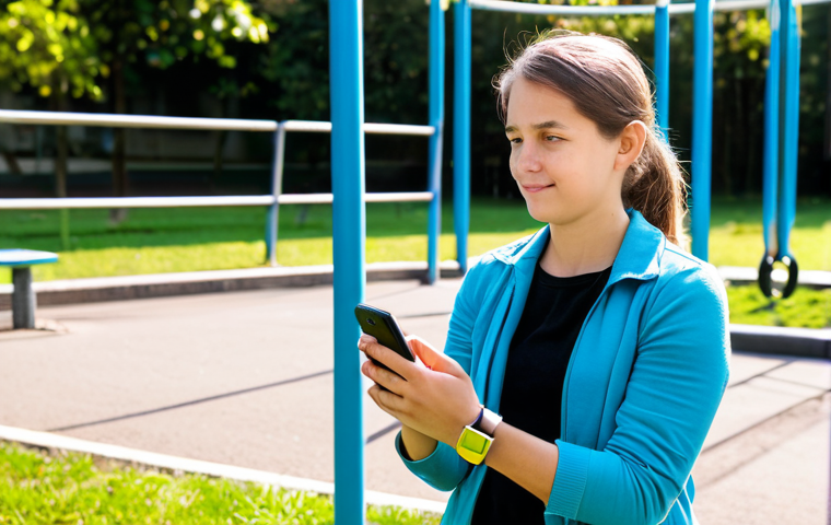 A professional image of a kind-faced mother, fully clothed in modest, casual attire, standing in a sunlit suburban park. She holds her smartphone, her expression reflecting calm and reassurance as she observes her child. In the background, her young child, approximately 8-10 years old, is actively playing on a jungle gym, clearly visible and wearing a modern children's smartwatch on their wrist. The scene emphasizes parental peace of mind enabled by technology. Perfect anatomy, correct proportions, natural pose, well-formed hands, proper finger count, natural body proportions. High-quality professional photography, natural lighting. Safe for work, appropriate content, fully clothed, family-friendly.