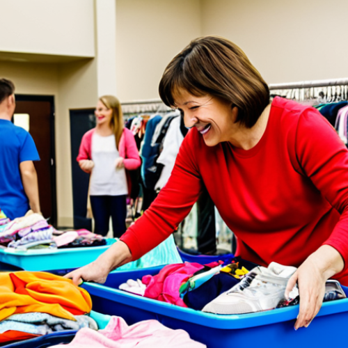Home 9 **
A bright and cheerful image of a parent happily sorting through a pile of discounted kids' clothes at a well-organized consignment sale. The clothes are colorful and in good condition. The background is a community center or school gym, filled with other parents browsing. The image should evoke a sense of community and bargain-hunting fun. fully clothed, modest clothing, appropriate attire, safe for work, perfect anatomy, natural proportions, professional photography, high quality, family-friendly.
**