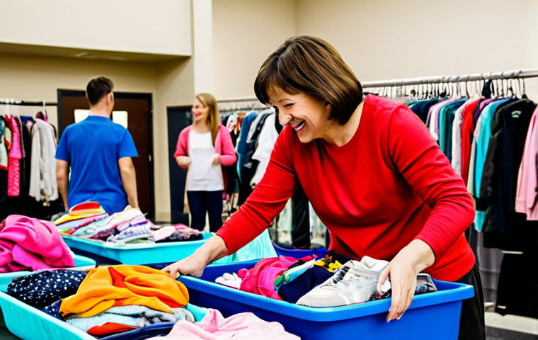 **
A bright and cheerful image of a parent happily sorting through a pile of discounted kids' clothes at a well-organized consignment sale. The clothes are colorful and in good condition. The background is a community center or school gym, filled with other parents browsing. The image should evoke a sense of community and bargain-hunting fun. fully clothed, modest clothing, appropriate attire, safe for work, perfect anatomy, natural proportions, professional photography, high quality, family-friendly.
**