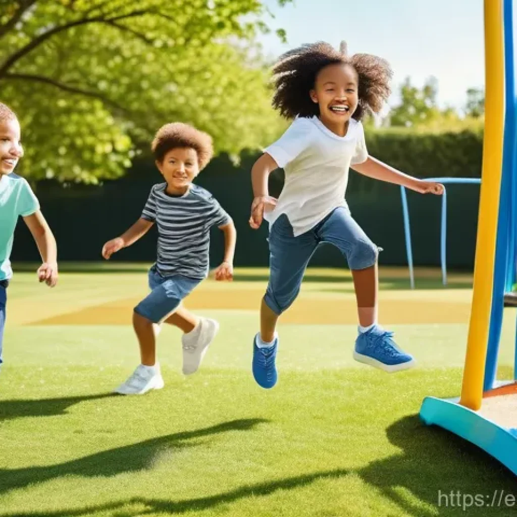 아동용 스니커즈 브랜드 리뷰 - A group of diverse children, aged 6-9, actively playing in a vibrant, sunlit playground. One child i...