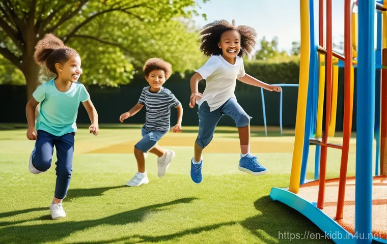 아동용 스니커즈 브랜드 리뷰 - A group of diverse children, aged 6-9, actively playing in a vibrant, sunlit playground. One child i...