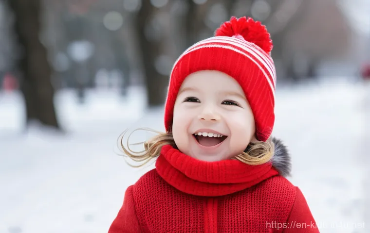 아동용 방한모자 브랜드 - A group of cheerful children, aged 5-10, bundled in various vibrant winter hats, playing excitedly i...