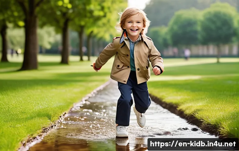 버버리키즈 럭셔리 아동복 리뷰 - **Prompt 1: Playful Adventure in Durable Burberry**
A vibrant, sun-drenched image of a joyful 6-...