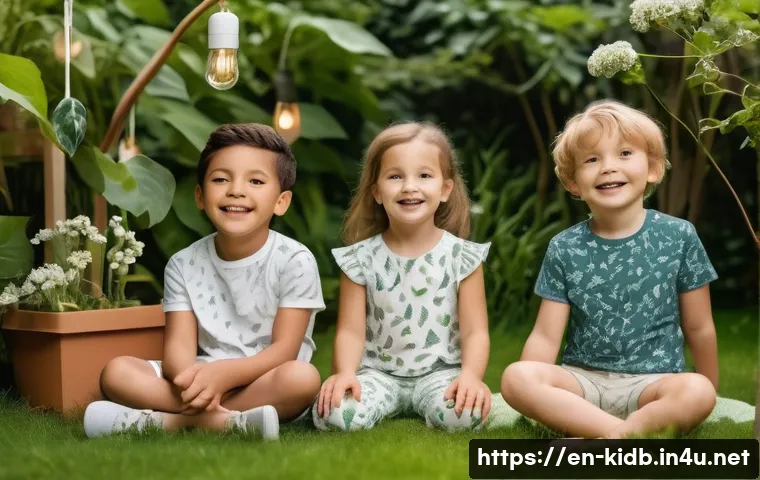 아동복 신상 출시 브랜드 - A cheerful scene featuring children aged 3 to 10 wearing eco-friendly clothing made from organic cot...