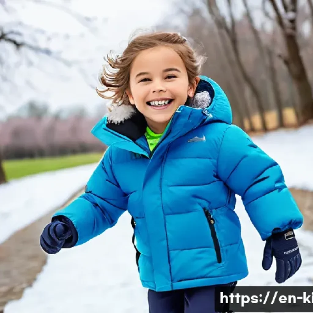 갭키즈와 자라키즈 겨울 아우터 - A cheerful child wearing a bright, reversible winter jacket made of water-resistant fabric with synt...