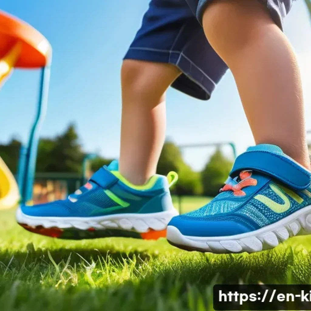 아동용 여름 신발 브랜드 - A vibrant, sunny outdoor park scene featuring a young child wearing breathable summer sneakers with ...