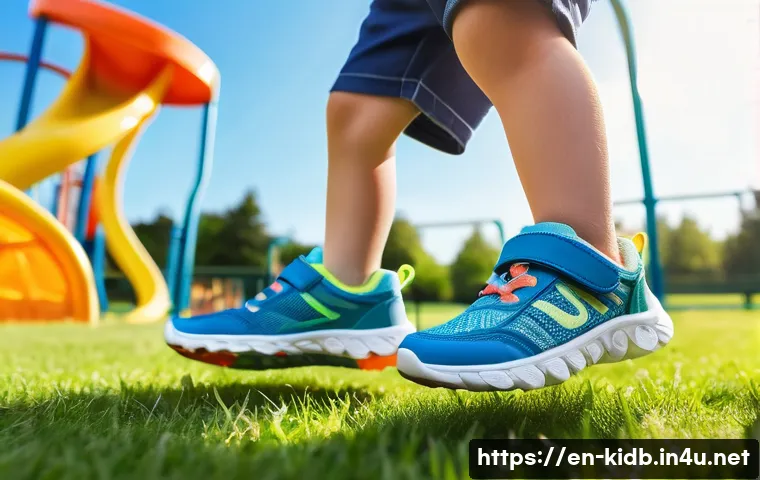 아동용 여름 신발 브랜드 - A vibrant, sunny outdoor park scene featuring a young child wearing breathable summer sneakers with ...