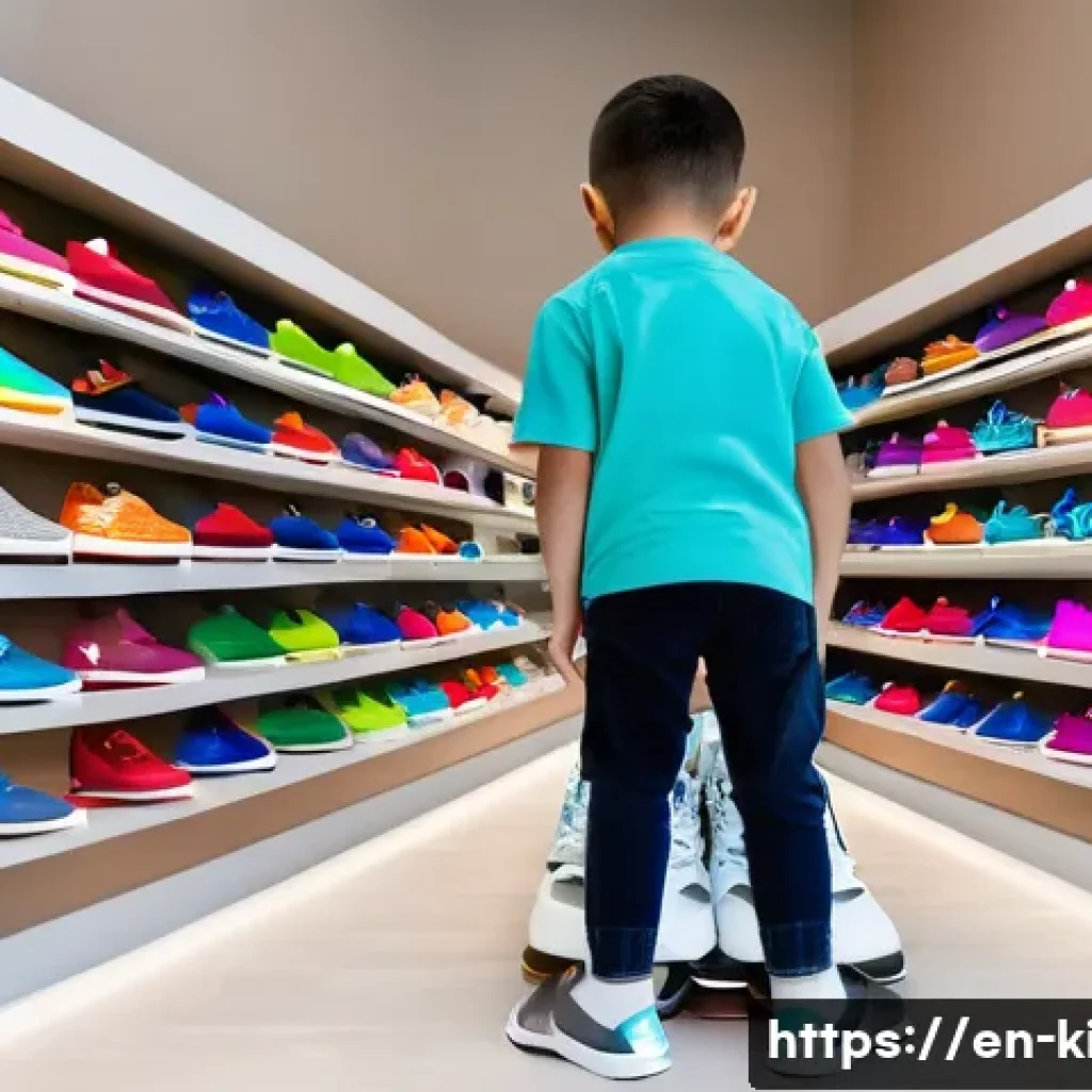 아동 신발 브랜드 역사 - A vibrant children’s shoe store interior showcasing a wide variety of colorful sneakers designed for...