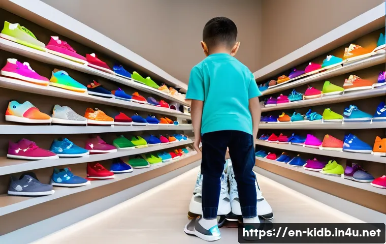 아동 신발 브랜드 역사 - A vibrant children’s shoe store interior showcasing a wide variety of colorful sneakers designed for...