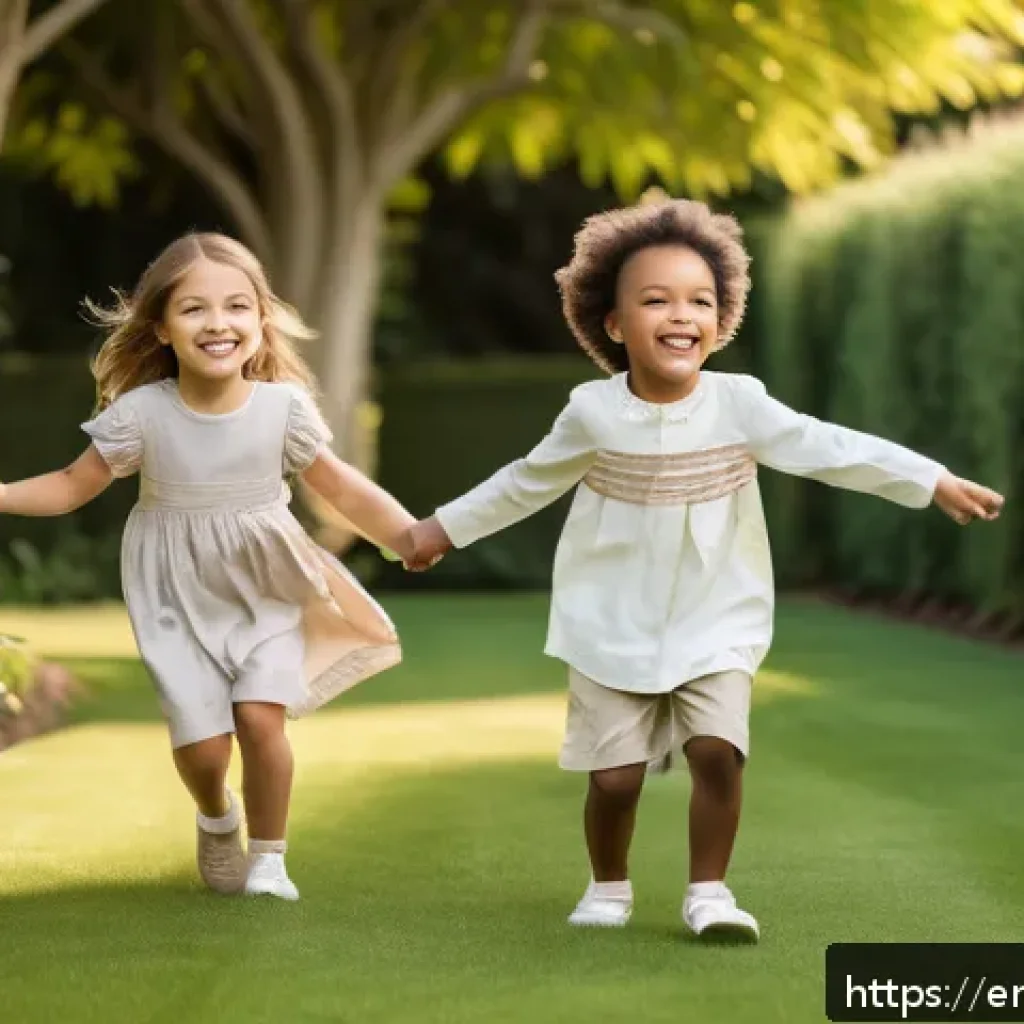 타티네쇼콜라 럭셔리 아동복 - A group of joyful children playing outdoors in a sunlit garden, wearing premium kidswear made from s...