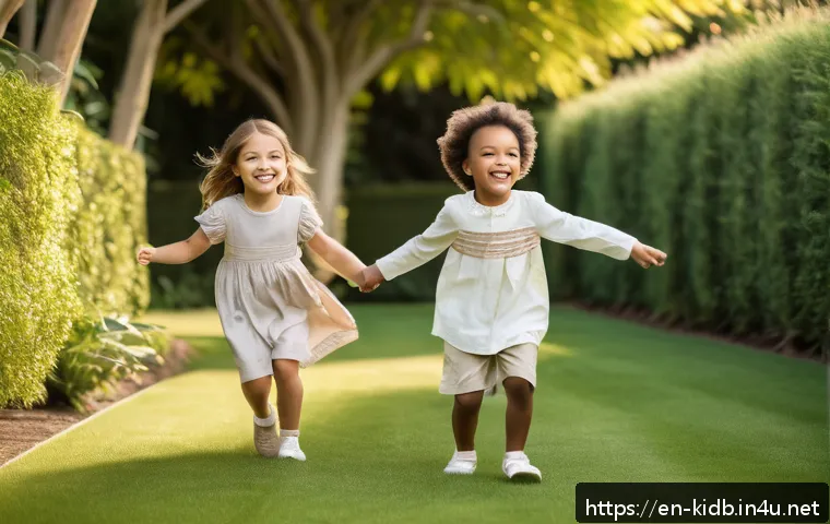 타티네쇼콜라 럭셔리 아동복 - A group of joyful children playing outdoors in a sunlit garden, wearing premium kidswear made from s...