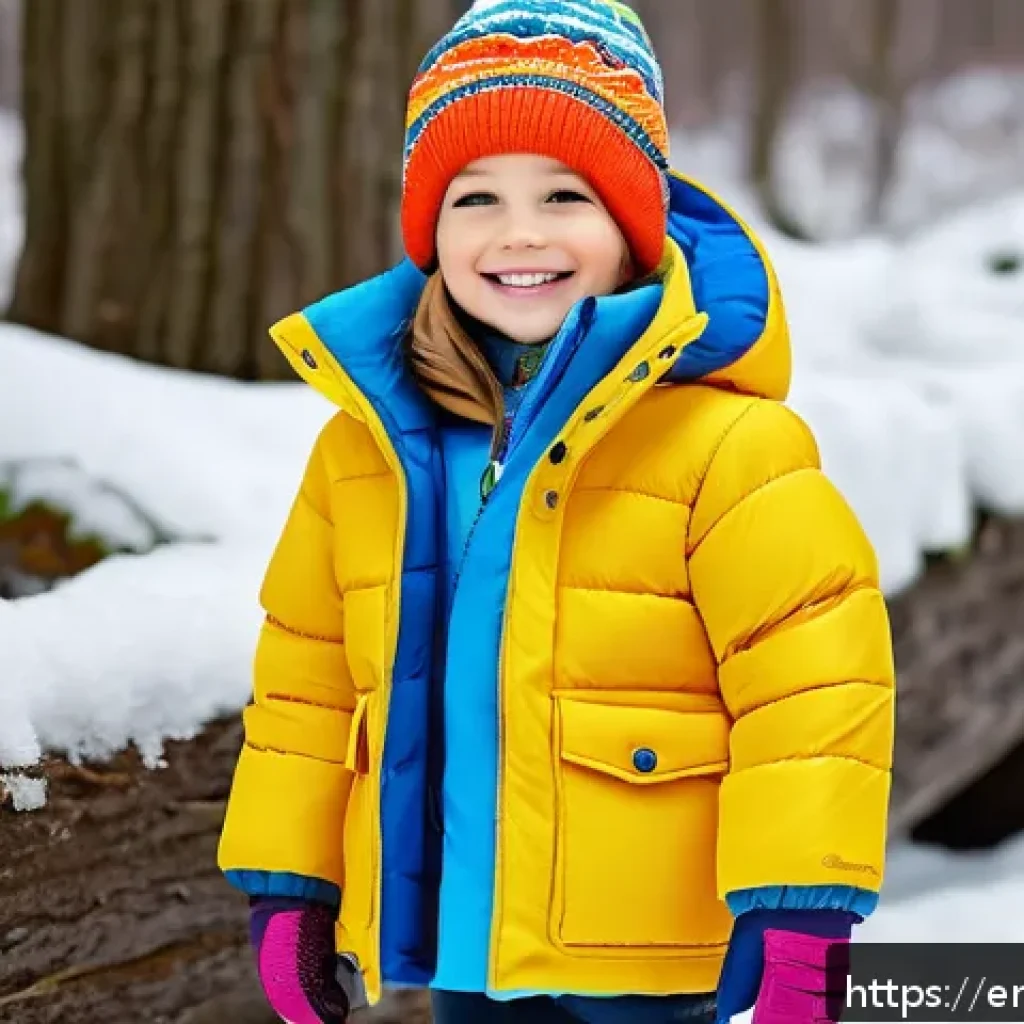 아동용 외투 브랜드 비교 - A cheerful child wearing a brightly colored, insulated winter jacket with synthetic fill, featuring ...