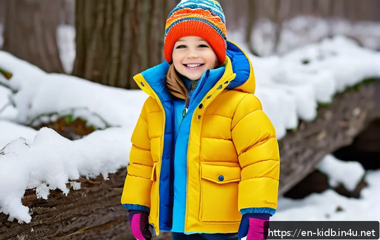아동용 외투 브랜드 비교 - A cheerful child wearing a brightly colored, insulated winter jacket with synthetic fill, featuring ...