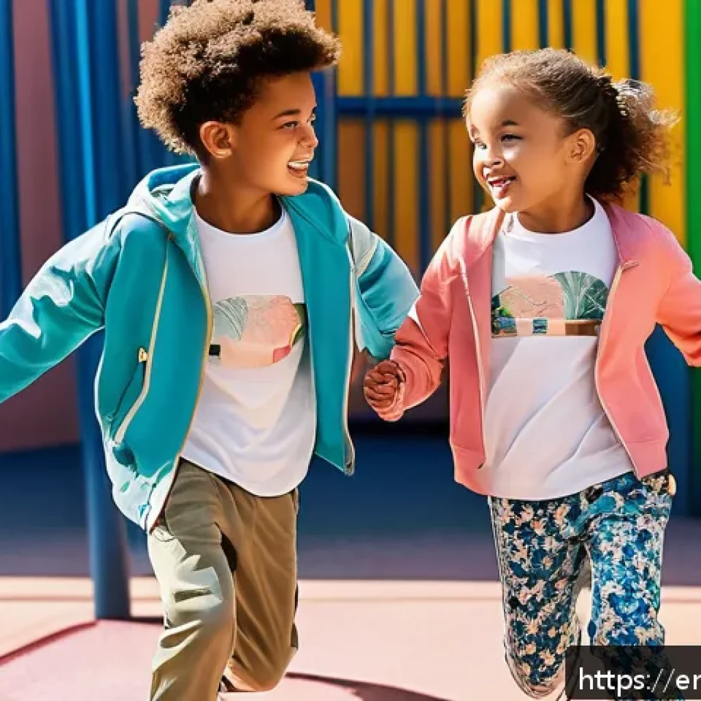 자라키즈와 버버리키즈 스타일 비교 - A stylish young boy and girl playing in an urban playground, dressed in casual chic Zara Kids outfit...