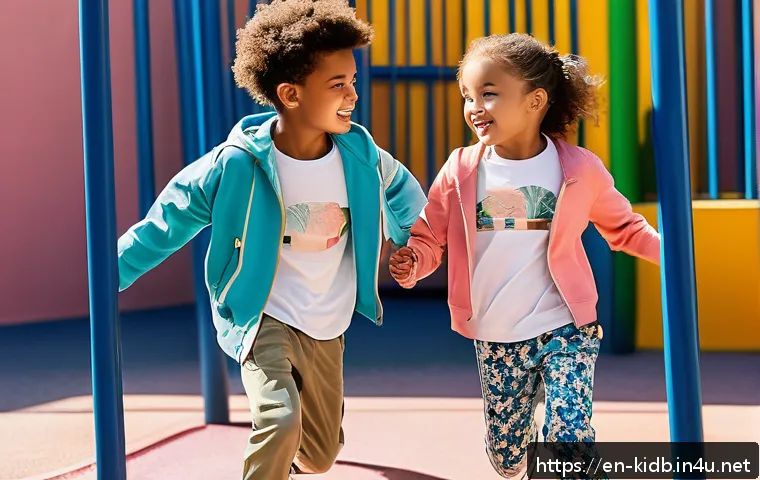 자라키즈와 버버리키즈 스타일 비교 - A stylish young boy and girl playing in an urban playground, dressed in casual chic Zara Kids outfit...