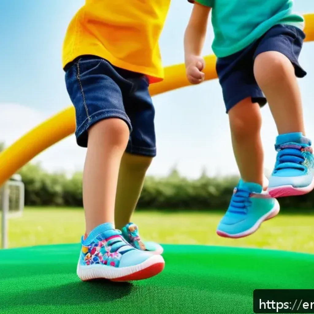 슈펜키즈와 ABC마트 아동화 비교 - A lively outdoor playground scene featuring a group of children wearing colorful, ergonomic kids' sh...