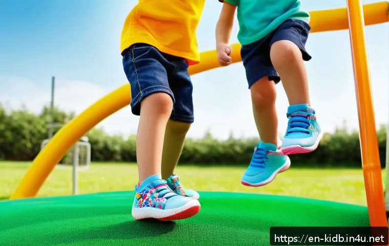 슈펜키즈와 ABC마트 아동화 비교 - A lively outdoor playground scene featuring a group of children wearing colorful, ergonomic kids' sh...