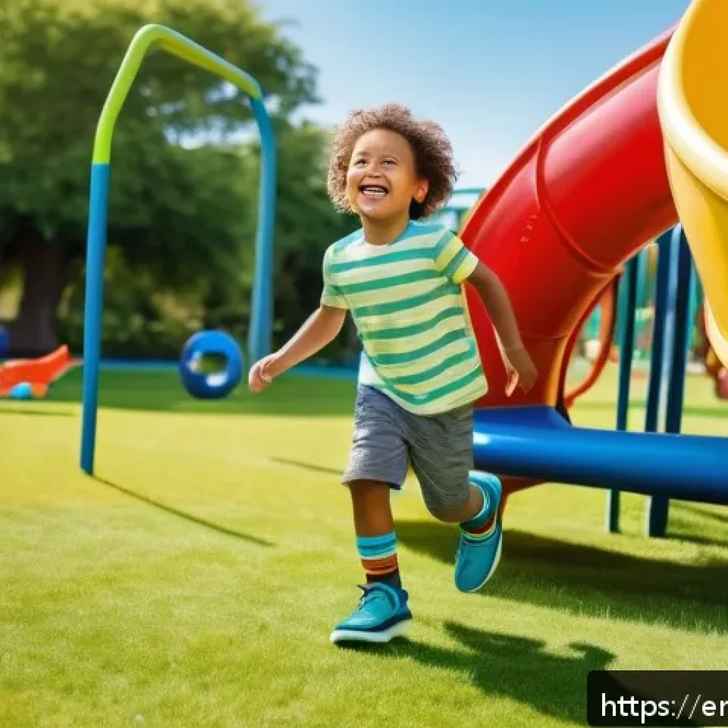 슈펜키즈의 인기 신발 소개 - A lively scene featuring a young child wearing colorful, ergonomic kids’ sneakers with cushioned ins...