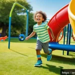 슈펜키즈의 인기 신발 소개 - A lively scene featuring a young child wearing colorful, ergonomic kids’ sneakers with cushioned ins...