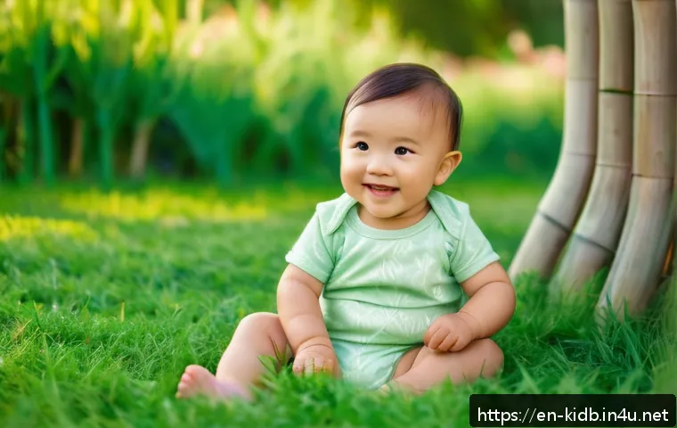 오가닉맘과 모이몰른의 친환경 경쟁 - A cheerful toddler wearing a soft bamboo fiber onesie with a subtle leafy pattern, sitting outdoors ...