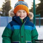 아동 방한복 브랜드 추천 - A vibrant winter scene featuring an active child wearing a durable kids’ winter jacket made from rip...
