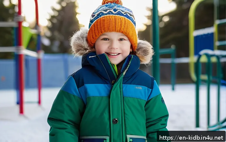 아동 방한복 브랜드 추천 - A vibrant winter scene featuring an active child wearing a durable kids’ winter jacket made from rip...