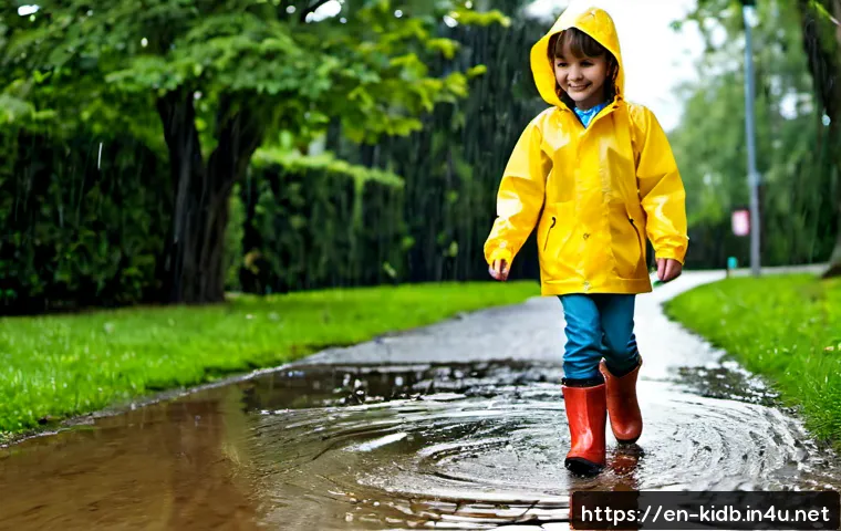 아동용 방수 자켓 브랜드 - Photorealistic outdoor lifestyle scene of a cheerful elementary-school child wearing a bright yellow...